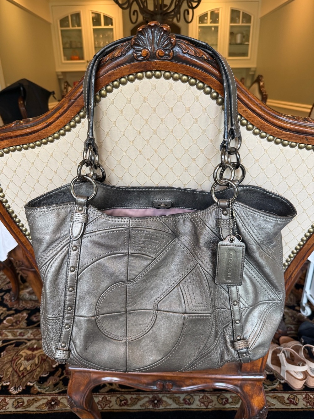 Coach Alexandra Tote in metallic gunmetal grey with pink lining